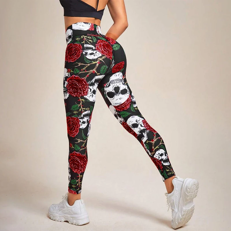 Halloween Skeleton Floral Collision Color Print Yoga Pants Comfortable Soft Skin-friendly Breathable Long Trousers