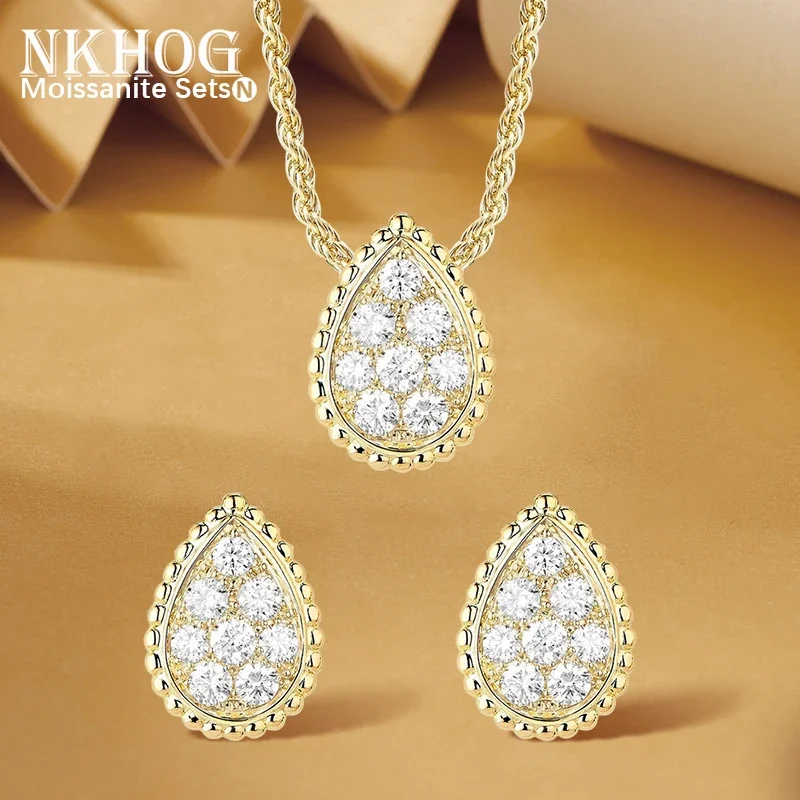 

NKHOG Full Moissanite Jewelry Sets Waterdrop Earrings Pendant S925 Silver Plated 18K Ear Studs Necklace Women Wedding Gifts GRA