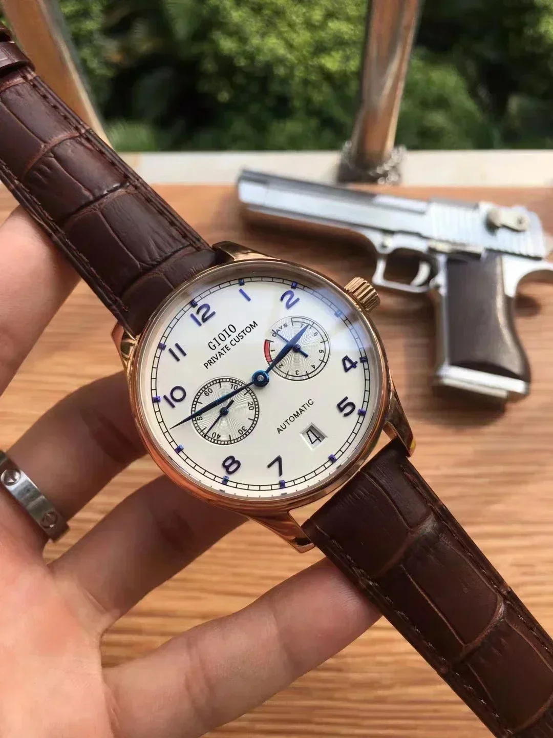 Luxe nieuwe heren automatisch mechanisch horloge roestvrij staal zwart bruin lederen piloten sporthorloges saffierglas achterkant