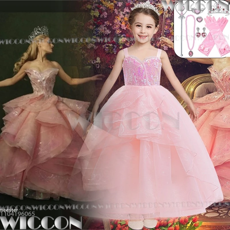 Glinda Princess Movie Wicked Cosplay Costume Prop Chirld Suit Pink Dress 110-160CM Size Wand Girl Holloween Roleplay Customized