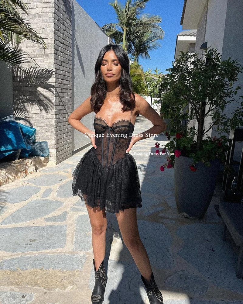 Qunque Sexy Spaghetti Straps Black Prom Dresses Short Sweetheart Cocktail Dress Lace Mini Evening Dresses for Women Customized