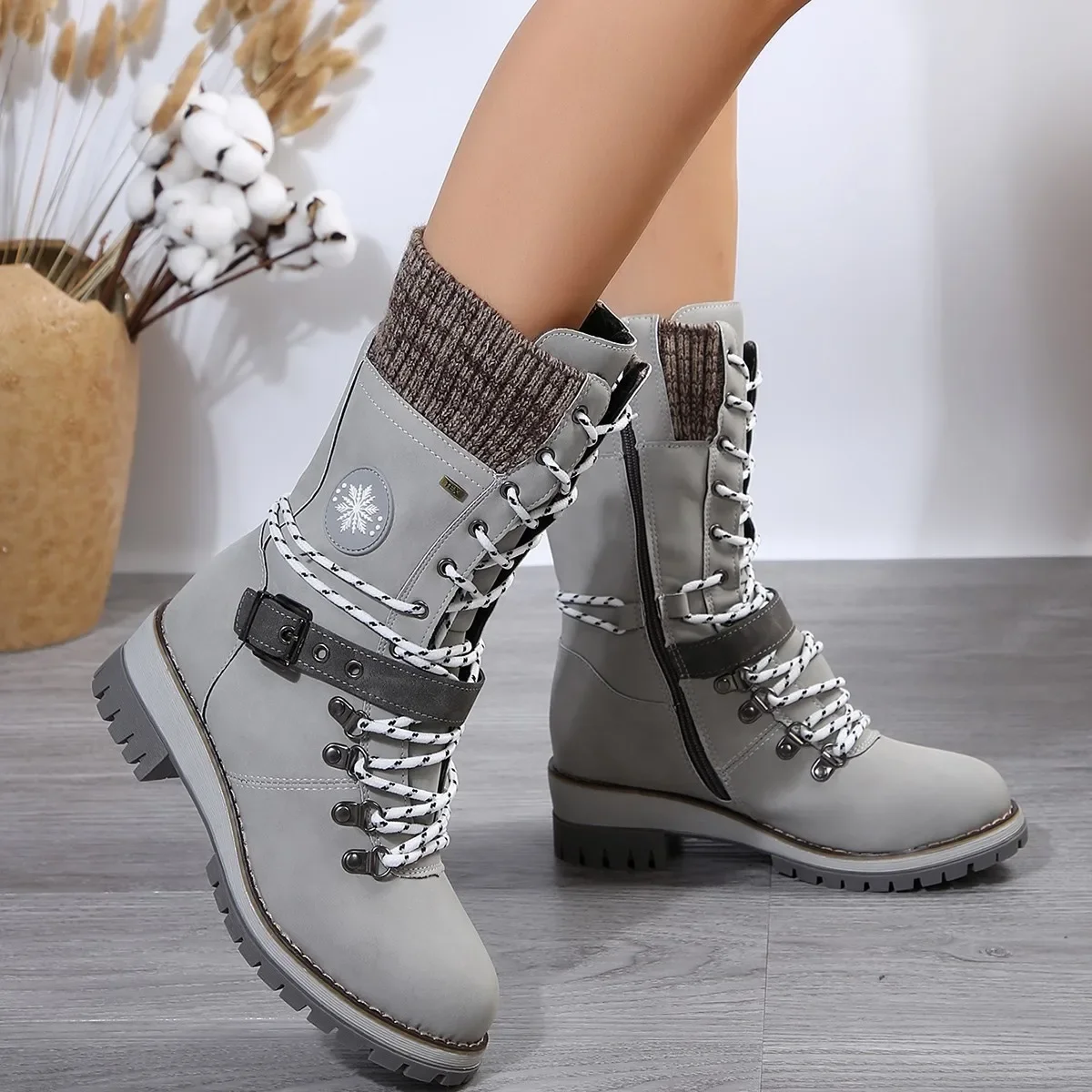 Women Shoes High-quality Winter New Warm Boots Women Side-pull Lace-up Knitted Mid-tube Boots Outdoor Low-heeled Round-toe Boots