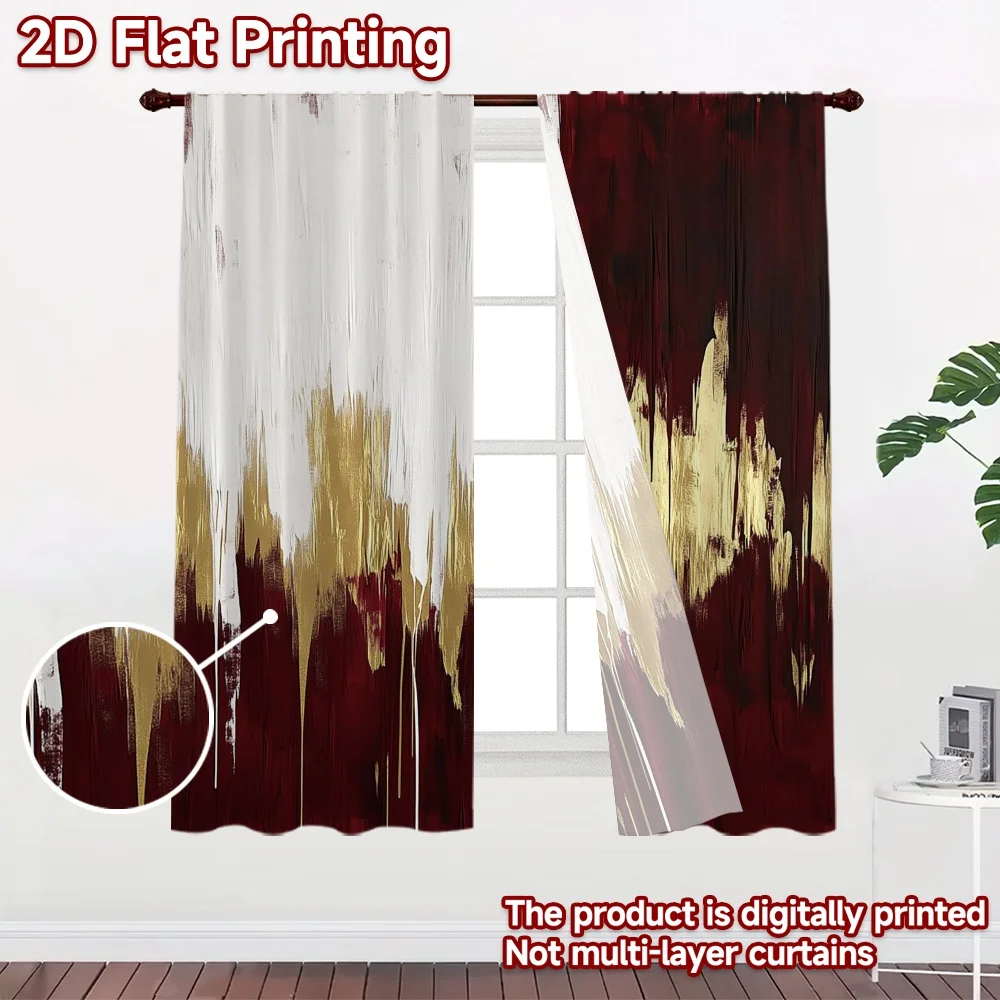 2D flat 2pcs Curtain Home Short Curtains White Gold Maroon Strokes Durable polyester fiber Party & Holiday Decor Use for Festive
