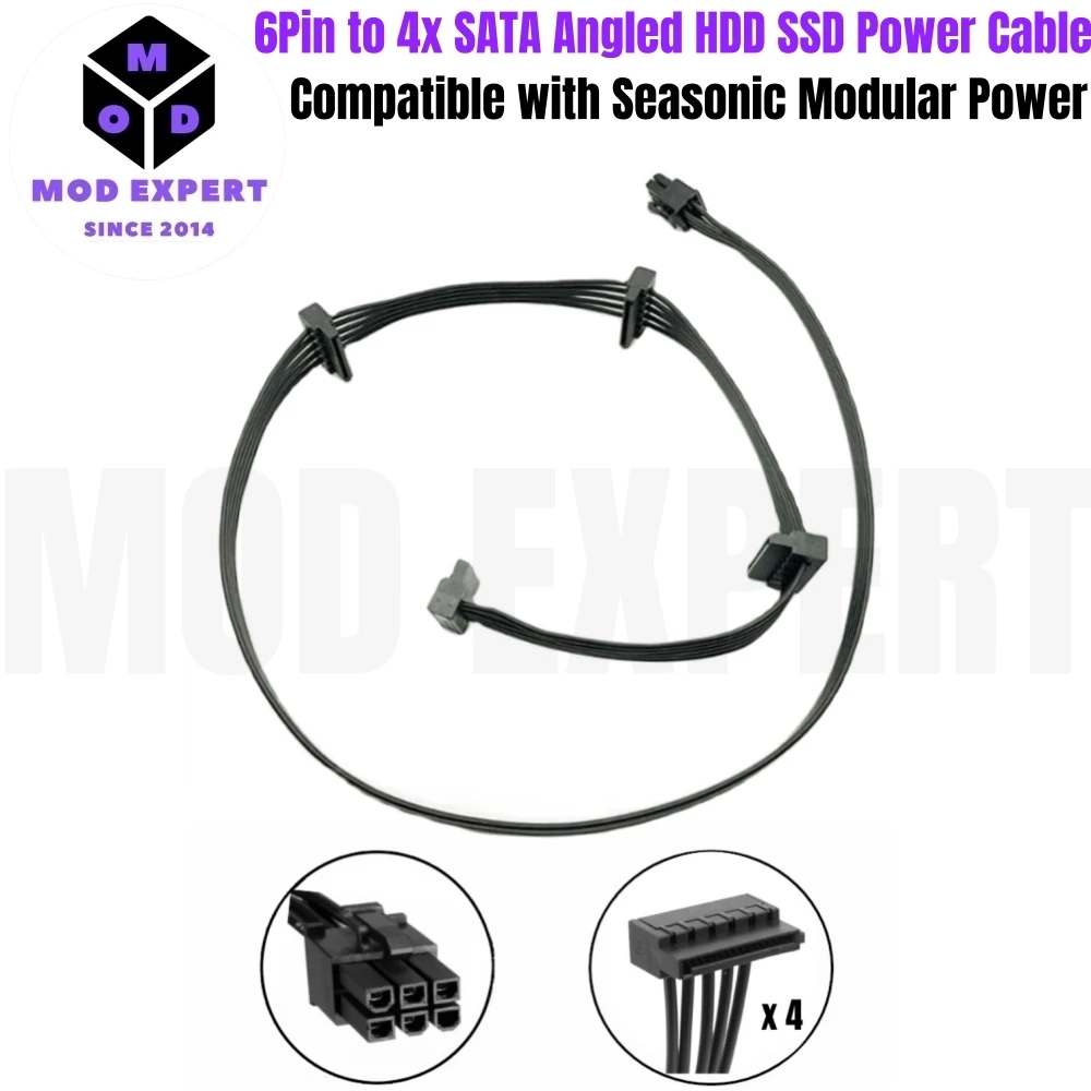 

6Pin to 4 SATA Male Angled HDD SSD Power Cable for Seasonic CORE GC-650, GC-550, GC-500 Semi Modular Power, 50+15+15+15 CM 18AWG