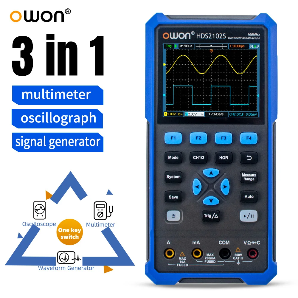 OWON HDS2202S HDS200 serie 3 en 1 multímetro de osciloscopio Digital portátil 200MHz 1GS/s probador de generador de señal de canales duales