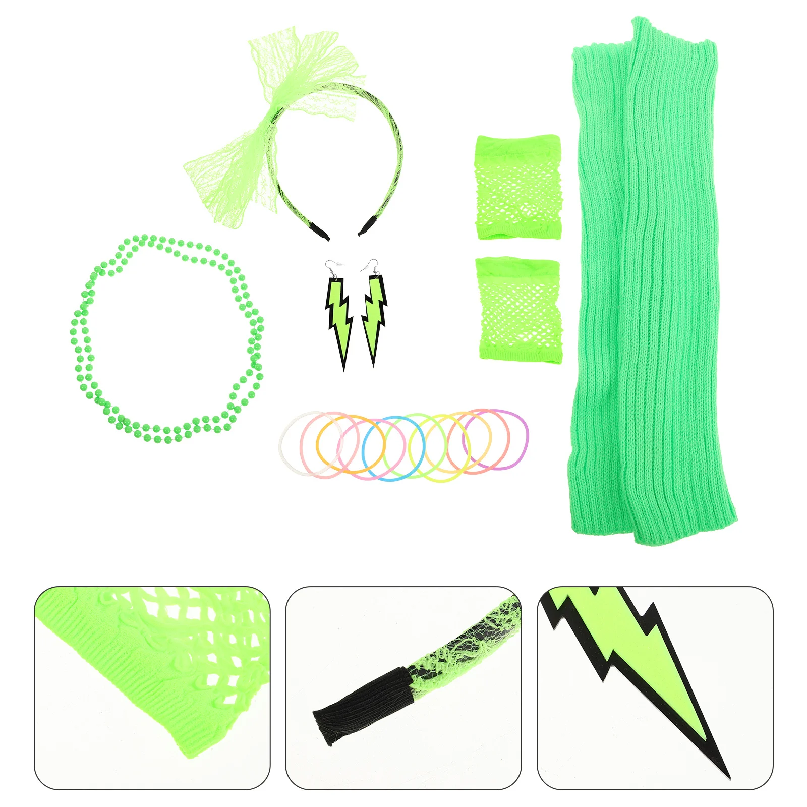 

1Set 80s Party Outfit Neon Green Necklace Lace Headband Earrings Leg Warmers for Retro Costume Theme Events Neon Party Outfits