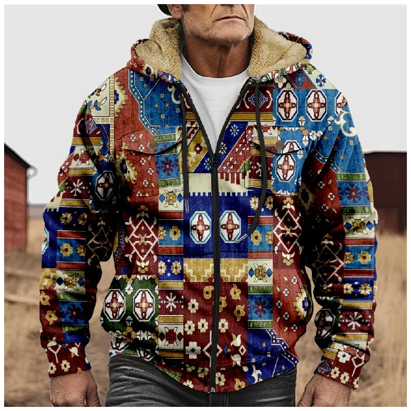 Winter Fleece Warm Jack Retro Heren Western Print Katoenen Rits Bovenkleding Man Trekkoord Rits Hoodies Sweatshirt