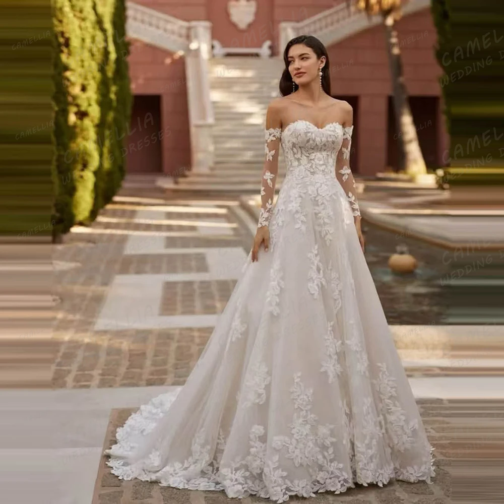 Apliques de luxo Vestidos De Casamento Uma Linha Vestidos De Noiva Das Mulheres Manga Longa Fora Do Ombro Elegante Princesa Tulle Vestidos Personalizado