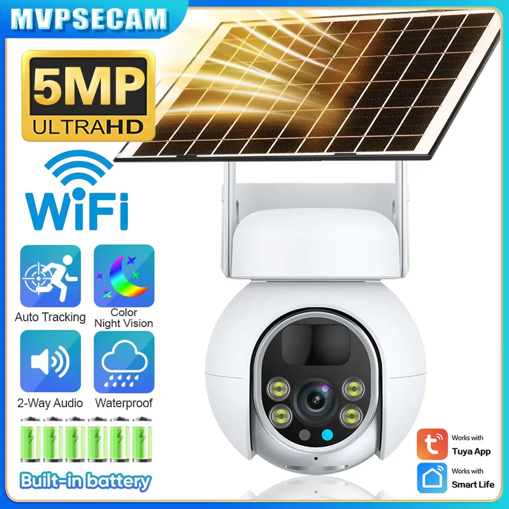

Tuya App Solar Security 5MP Camera Outdoor PTZ Wireless WiFi HD Night Vision Auto Rotate No Wiring Needed Remote View via Phone