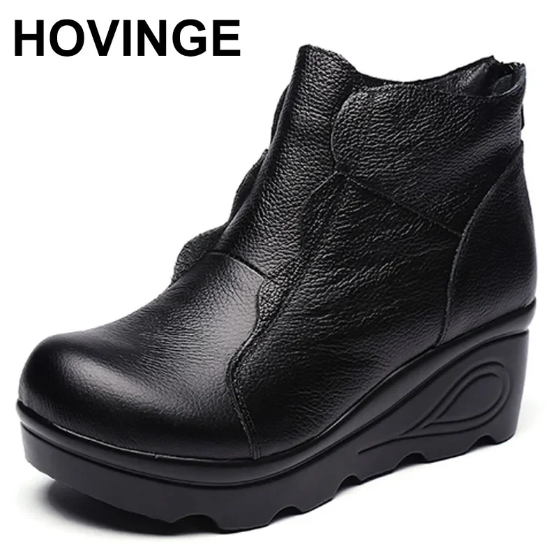 HOVINGEPlatform Zipper Ankle Winter Shoes Women Boots High Quality Height Increasing Ladies Shoes Cow Lerther Down Fashion Boot