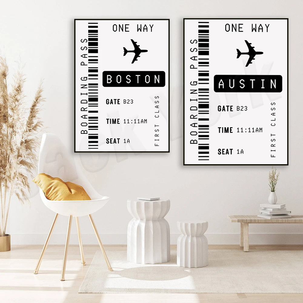 Boarding pass Austin Texas, Boarding pass Boston Massachusetts minimal art, Texas print, Boston, Austin travel typographic poste