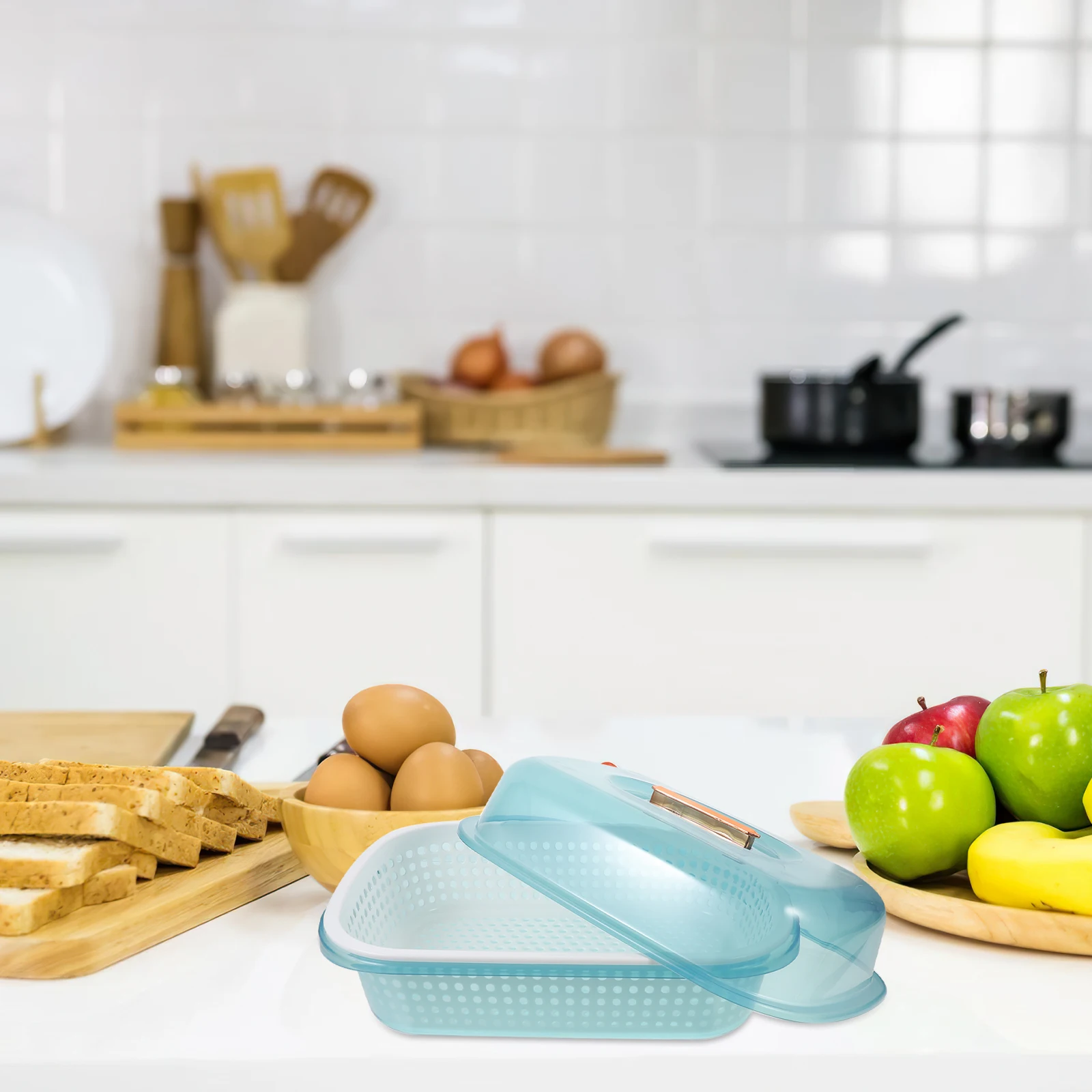 

Kitchen Drain Basket Vegetable Washing Basin Sturdy PP Sky-blue Fine Holes Strainer Dish Rack Drying Fruit Storage