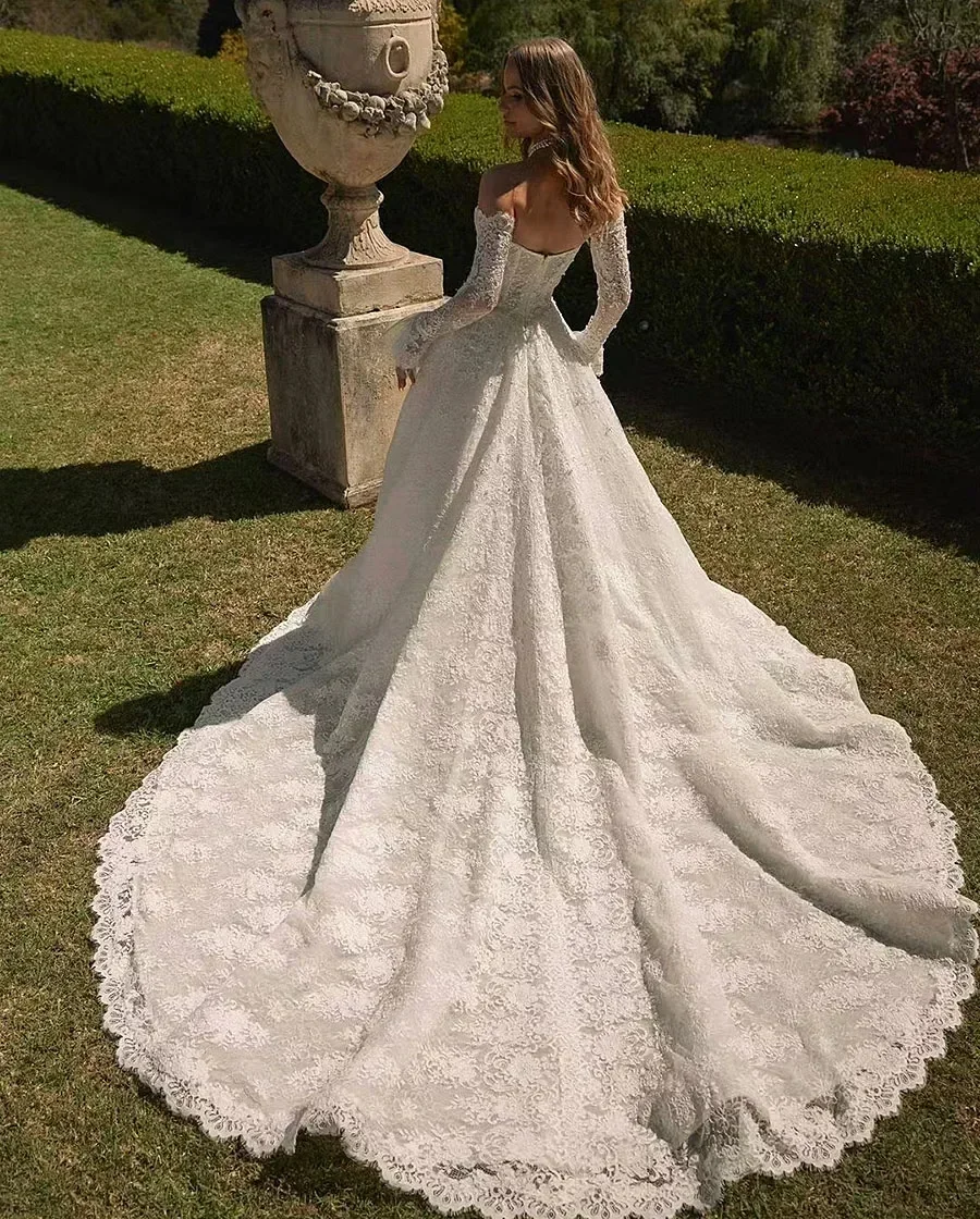 Elegant Strapless Lace Wedding Dress with V-Neck Long Sleeves, A-Line Style for Hall or Lawn Ceremony, Customizable Bride Gown
