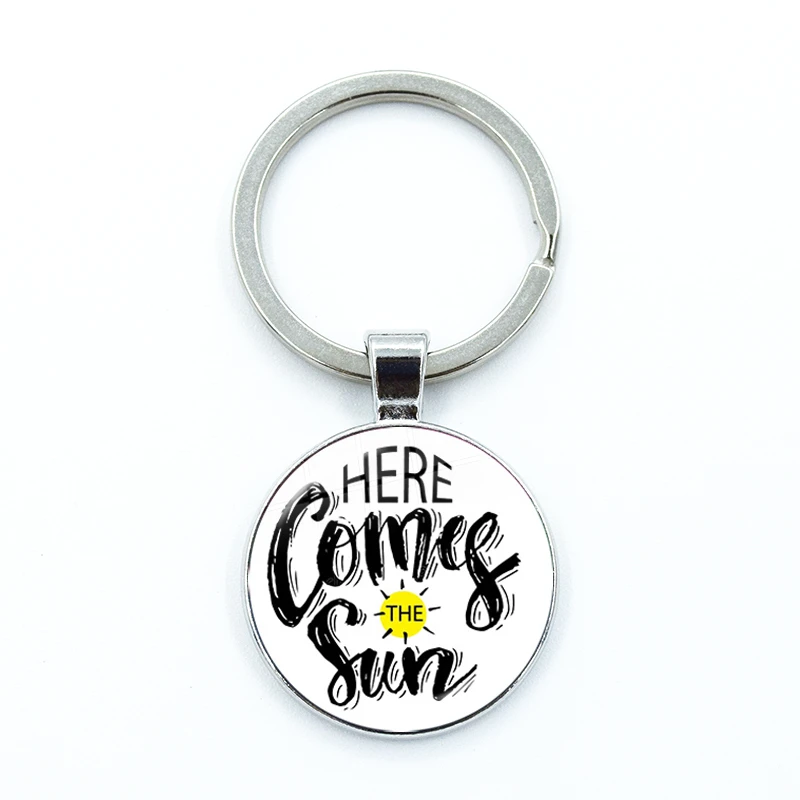 Here Comes the Sun Cartoon Keychain Funny Glass Cabochon KeyRing Bag Car Key Chain Ring Holder Charms Teacher Jewelry Gifts