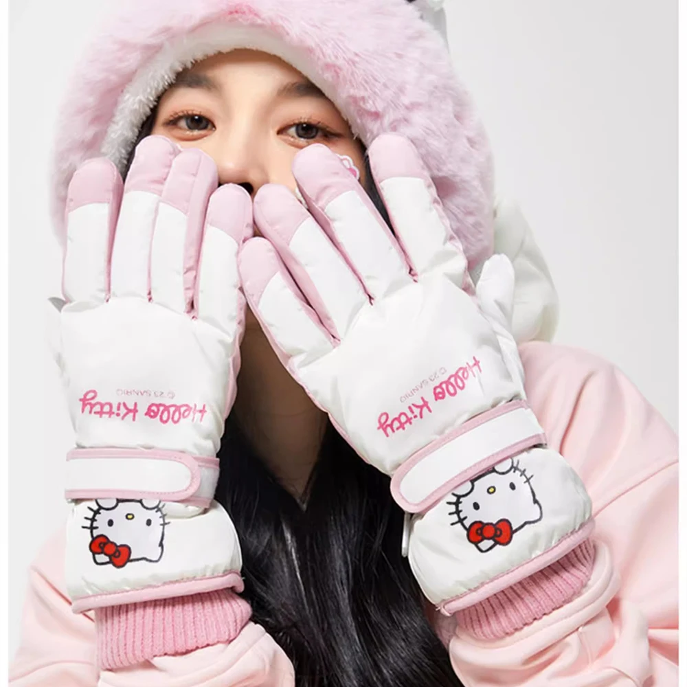 Sanrio Hello Kitty Ski Gloves Winter Plush Warm Touch Screen Kawaii Anime Kt Cinnamoroll Thicken Riding Outdoor Soft Water Proof