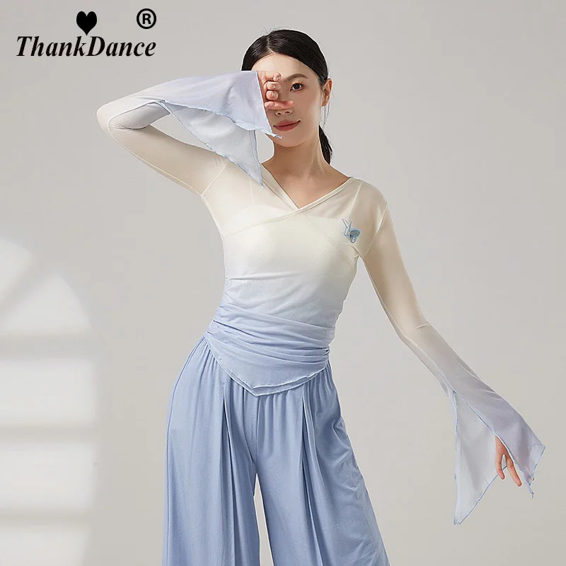 Camisa de baile de manga larga con cuerno para mujer, Top Sexy transparente para danza clásica, Top de bailarina folclórica china, Ropa de baile de malla, rima corporal Hanfu