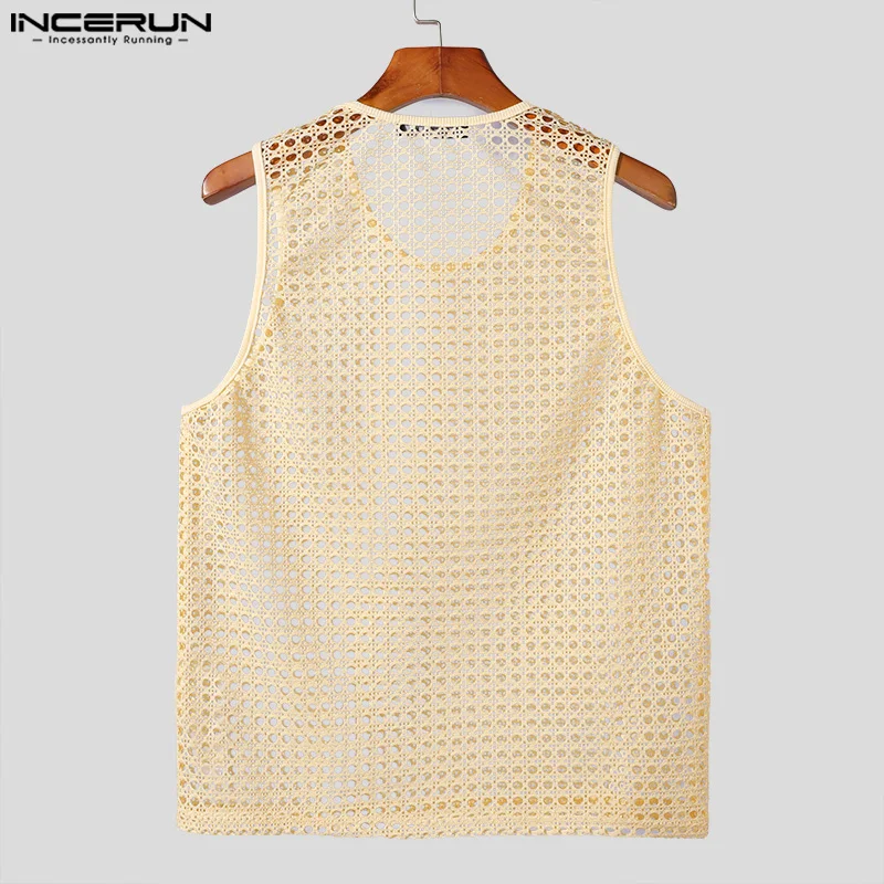 INCERUN Tops 2024 American Style Fashion Men Vacation Style Hollow Mesh Vests Sexy Casual Summer Male Sleeveless Tank Tops S-5XL