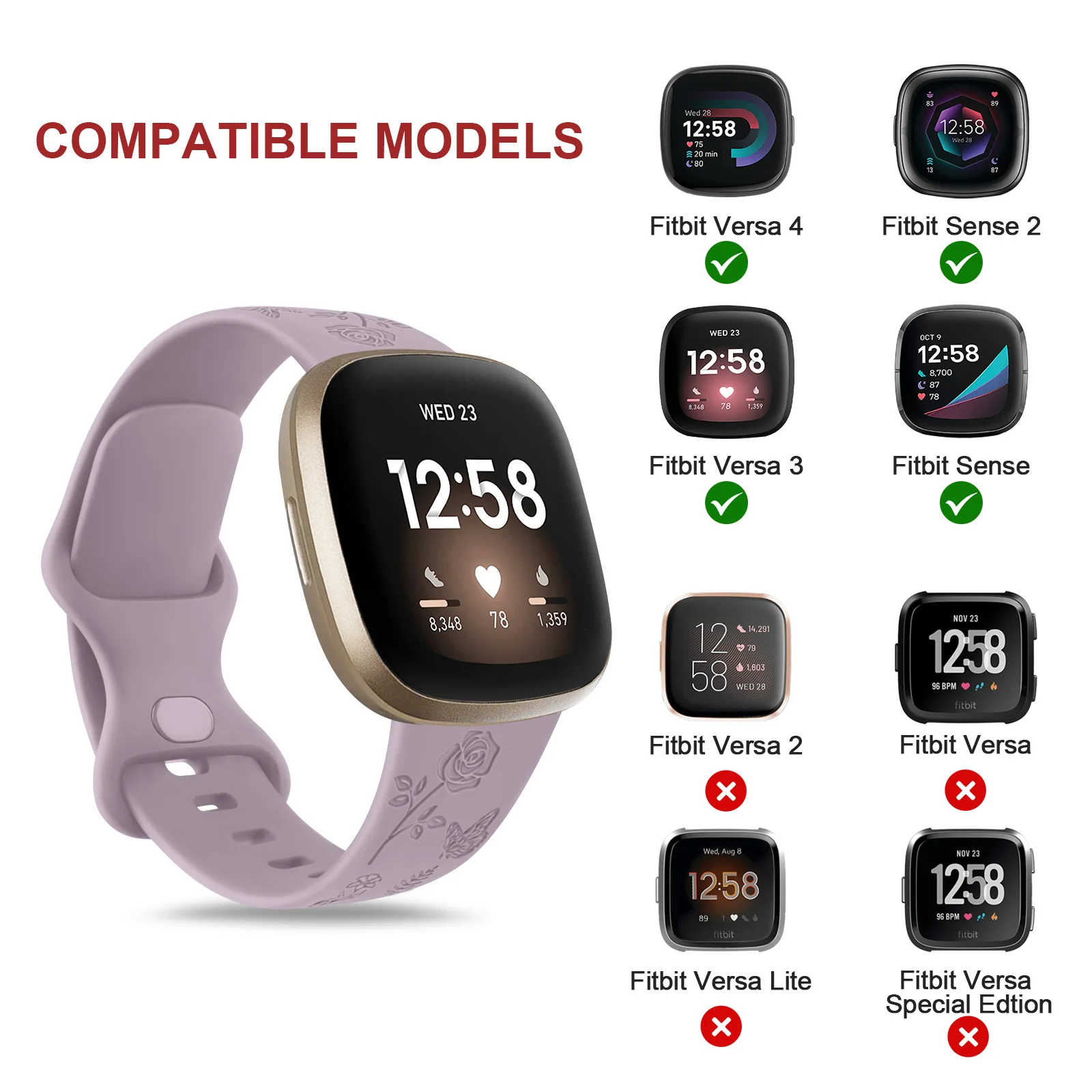 สายนาฬิกาซิลิโคนนุ่มสลักลายดอกไม้ สำหรับ Fitbit Versa 3/Versa 4 และ Fitbit Sense/Sense 2