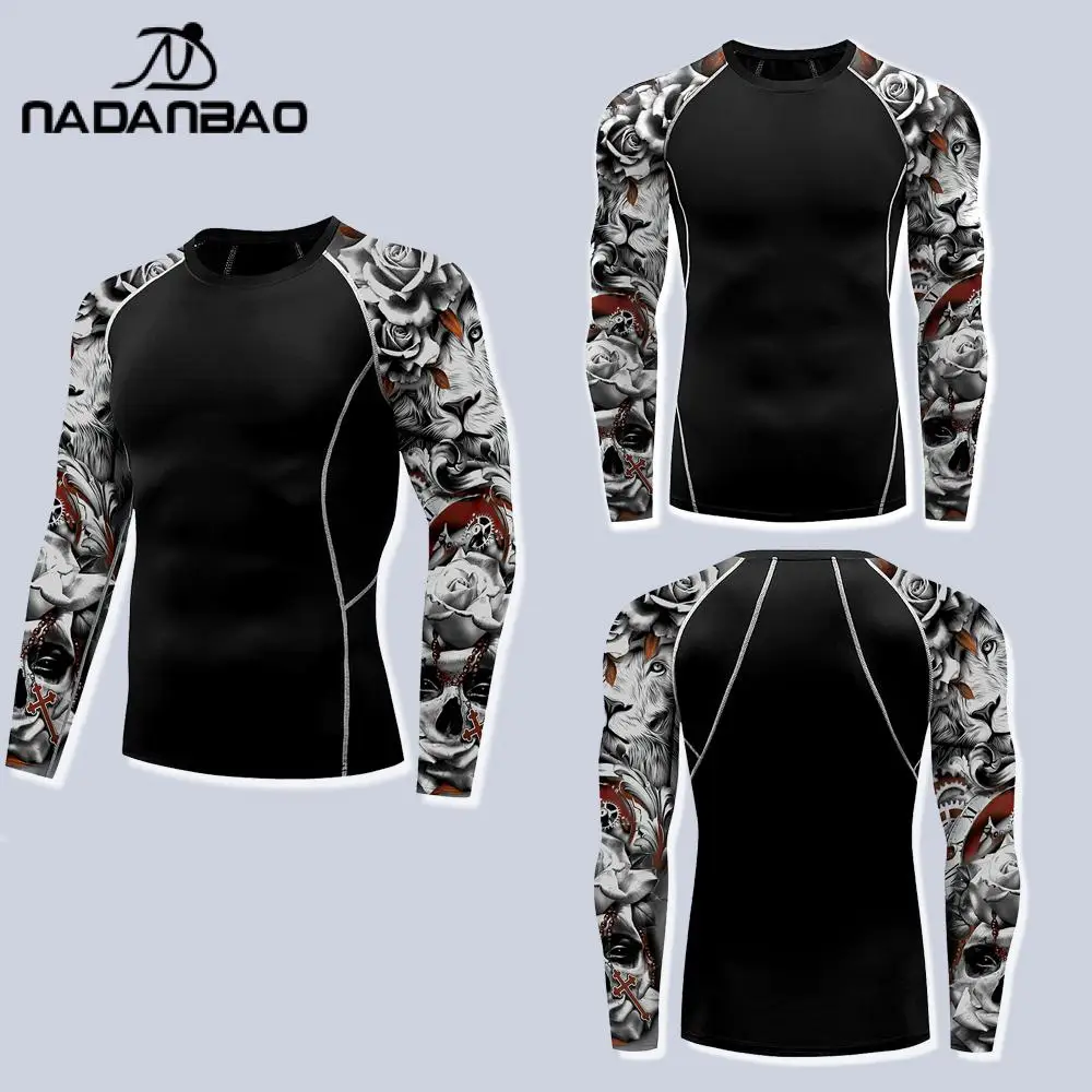 Nadanbao Men Holiday Party Swimwear 3D Printing Fitness Swimsuits Beach Long Sleeve Fashion Gym Top Surfing Beachwear Top