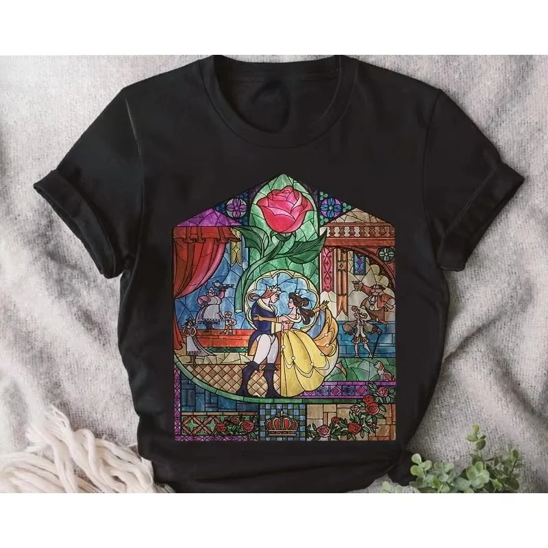 

Disney Beauty and The Beast Stained Glass Rose Print Women's T-Shirt New Casual Fashion Men's and Women's Plus Size Loose Couple