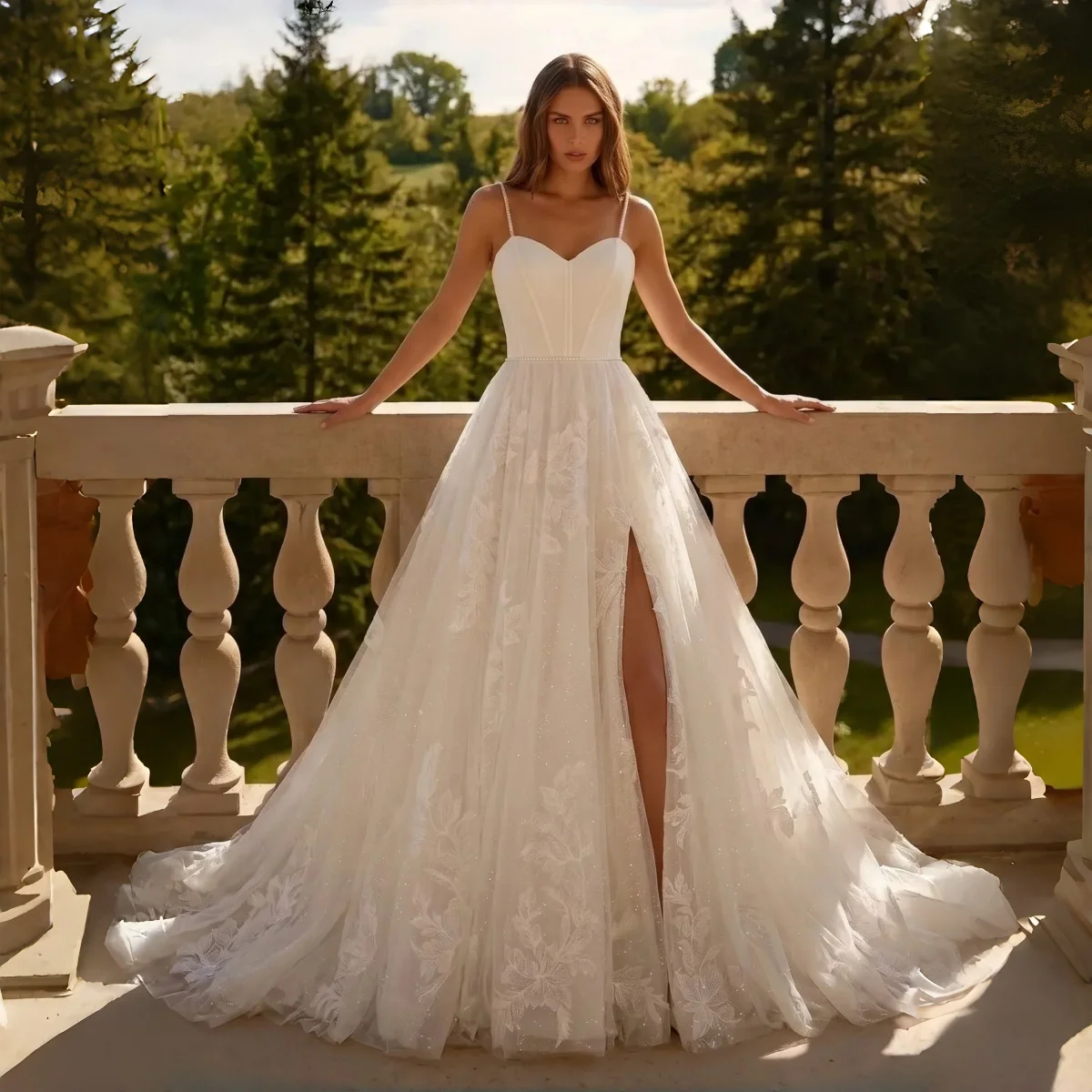 Satin Bodice A Line Wedding Dress Sweetheart Neck Pearl Details Floral Lace Chapel Train Minimalist Romantic Bridal Gown