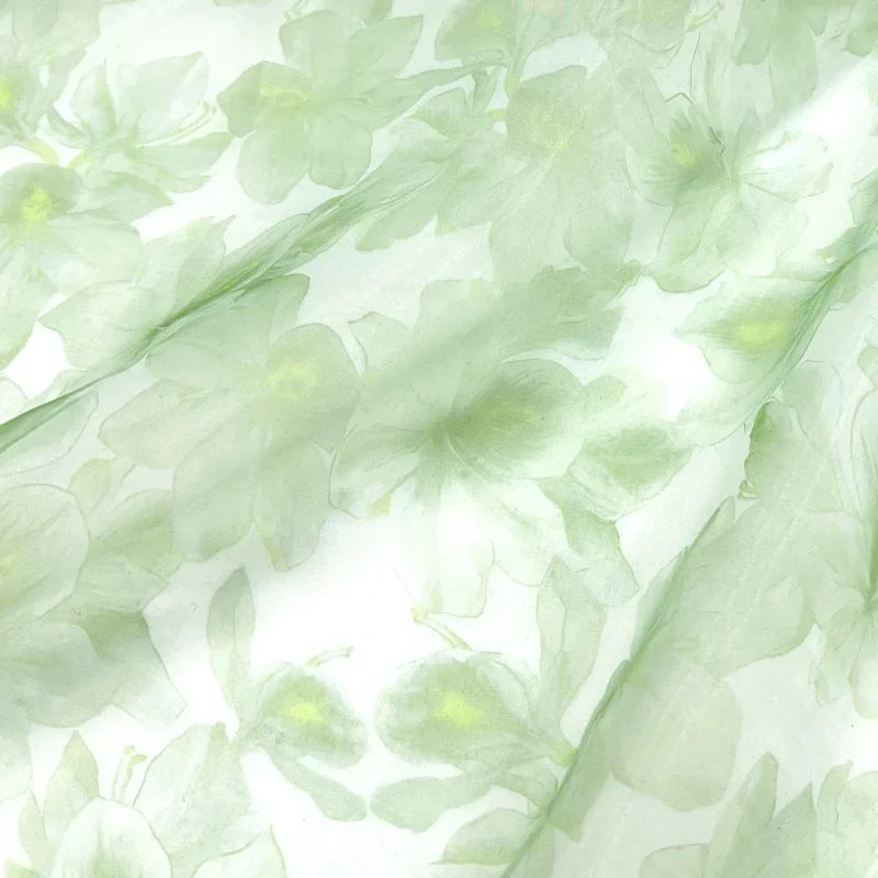 Tela de Organza Semitransparente con Estampado de Flores de Manzano Verde, para Camisas, Faldas Hanfu, Manteles, Cortinas, Manualidades y Decoración del Hogar