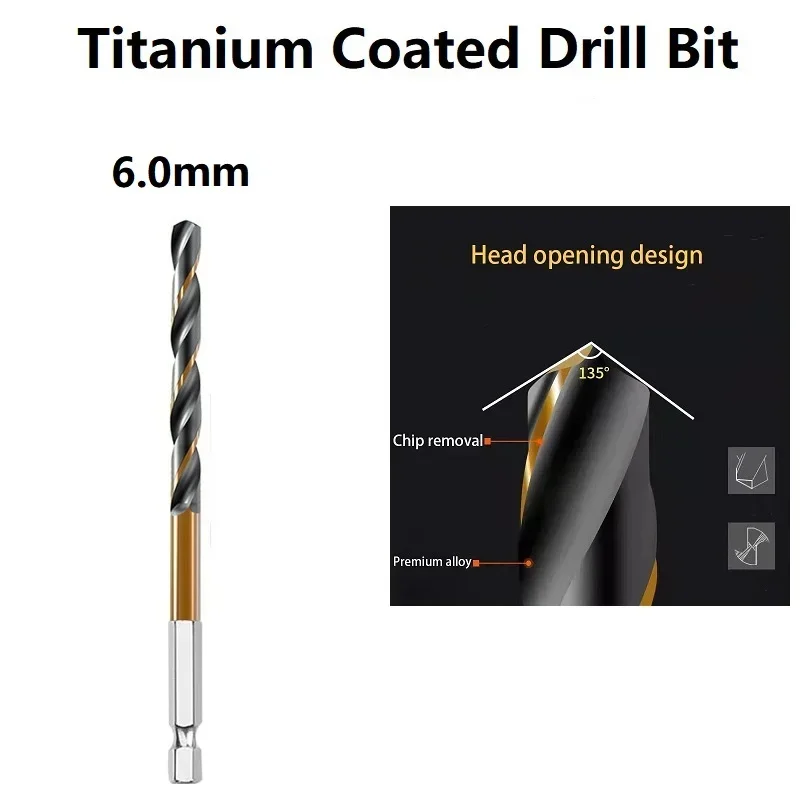 HSS Titanium Coated Drill Bit With Quick Change 1/4\'\' Hex Shank 1.5-6.5mm High Speed Steel For Metal Wood Plastic Drilling Tools