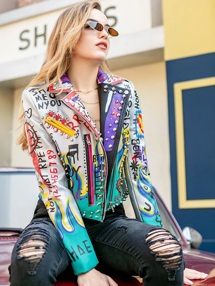 ZURICHOUSE Stylish Graffiti Print Rivet Women\'s Leather Jacket Slim Short Streetwear PU Leather Punk Jackets Coat Female