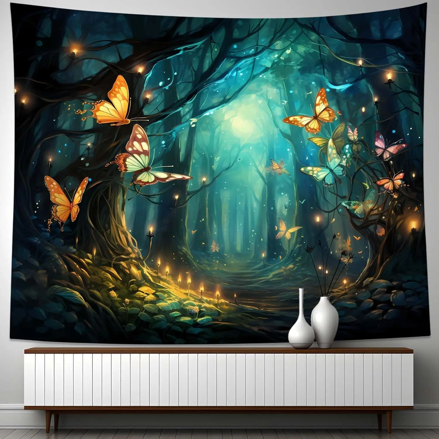 

Fantasy Forest Tapestry – Fairy, Moon, Butterflies & Galaxy Flora Wall Art for Bedroom or Living Room Decor