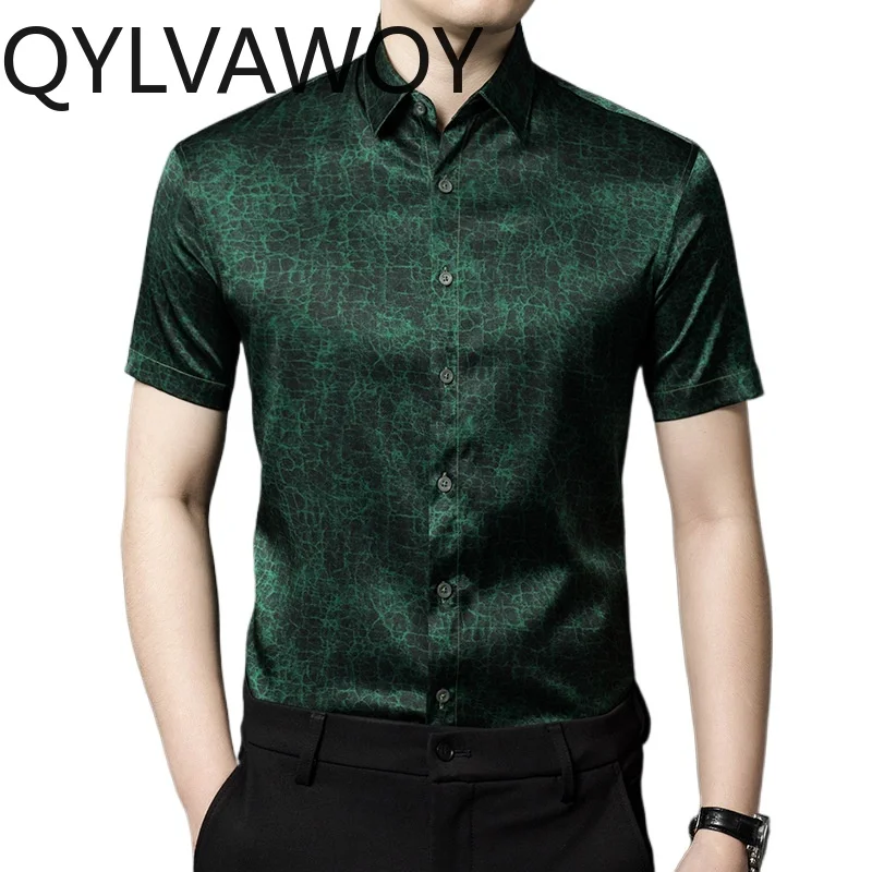 

QYLVAWOY 92% Натуральные шелковые рубашки из тутового шелкопряда для мужчин, летняя коллекция 2026, модные шелковые топы с коротким рукавом, высококачественная повседневная рубашка, мужская одежда