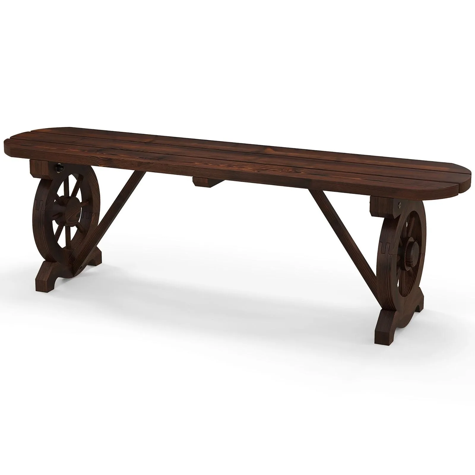 

US Rustic Wood Bench w/ Wagon Wheel Base Slatted Seat Design 710 LBS Max Load Patio