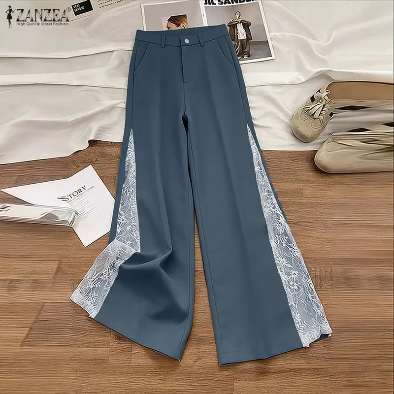 2026 ZANZEA أزياء من الدانتل بنطلون المرأة طويلة بنطال ذو قصة أرجل واسعة المرقعة عالية الخصر أنيقة عادية فضفاض مكتب بنطلونات الشارع الشهير #4