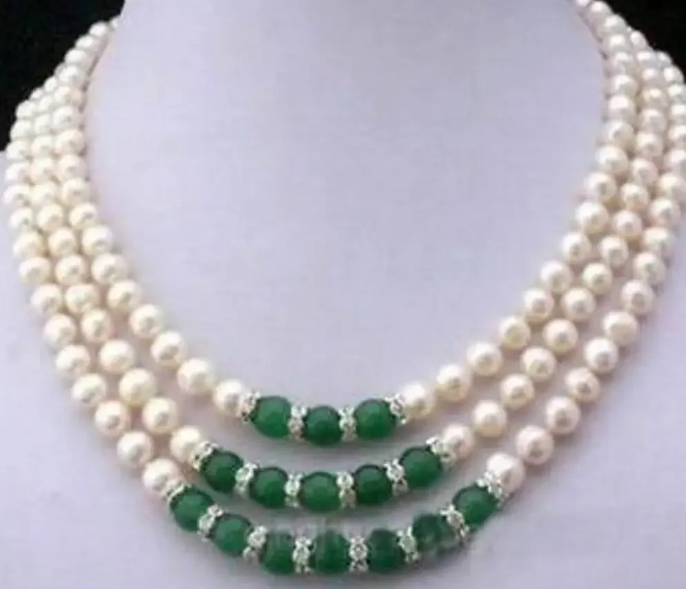 3Rows 7-8MM White Akoya Pearl & Emerald Necklace