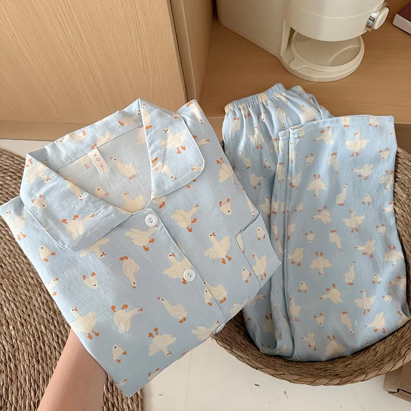 

Korean Style Women's Cute Goose Print Pajama Set, Sweet Kawaii Lapel Neck Y2K Loungewear for Autumn