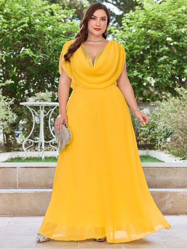 Plus Size V Neck Chiffon Yellow Floor Floor Bridesmaid Luxury Dress 4XL 5XL Big Size Shiny Chiffon Banquet Evening Dress Women