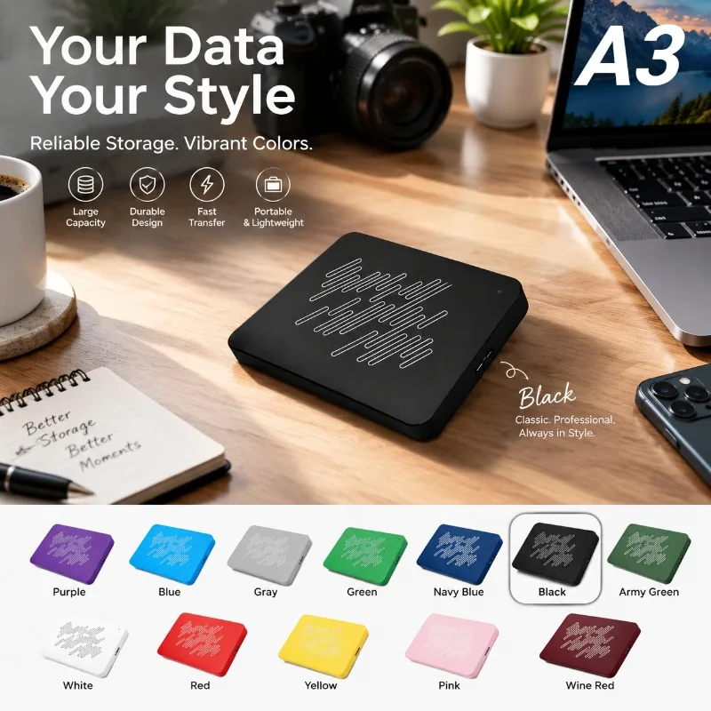 A3 Series New Portable USB3.0 SSD External Hard Drive, 4TB 2TB 1TB 500GB Black Solid State Disk for Office & Gaming Console
