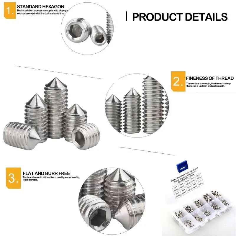 Cone Point Hex Socket Grub Screws Assortment Kit 200Pcs 304 Stainless Steel M3-M8 for Marine Hardware Repair