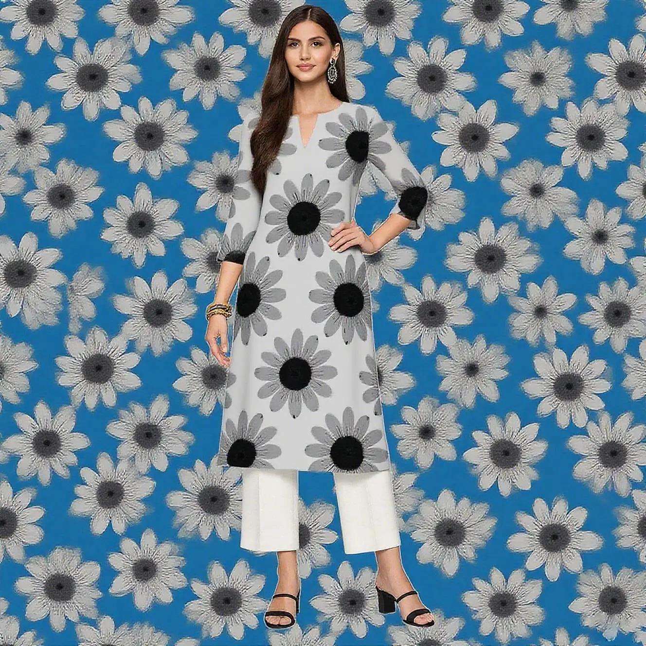 Muslim Kurtta Women's Casual Fashion Dress Long Sleeved Straight Tube Casual Ethnic Flower Abaya Musulmane Modest Dress