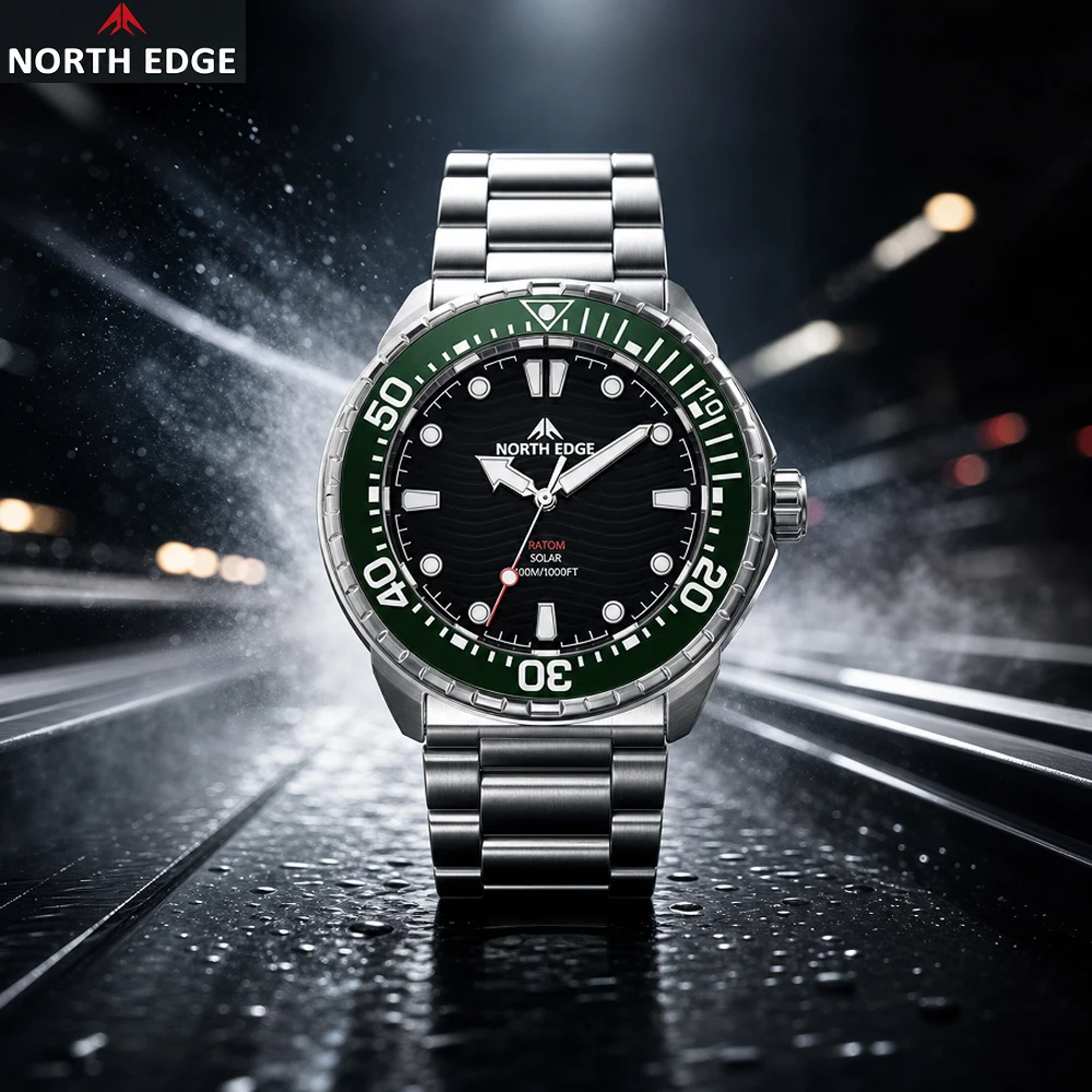 NORTH EDGE TRITON 2026 NEW Solar Powered Dive Watch Men Luxury Quartz Watches For Men 316L Stainless Steel Case Waterproof 300M