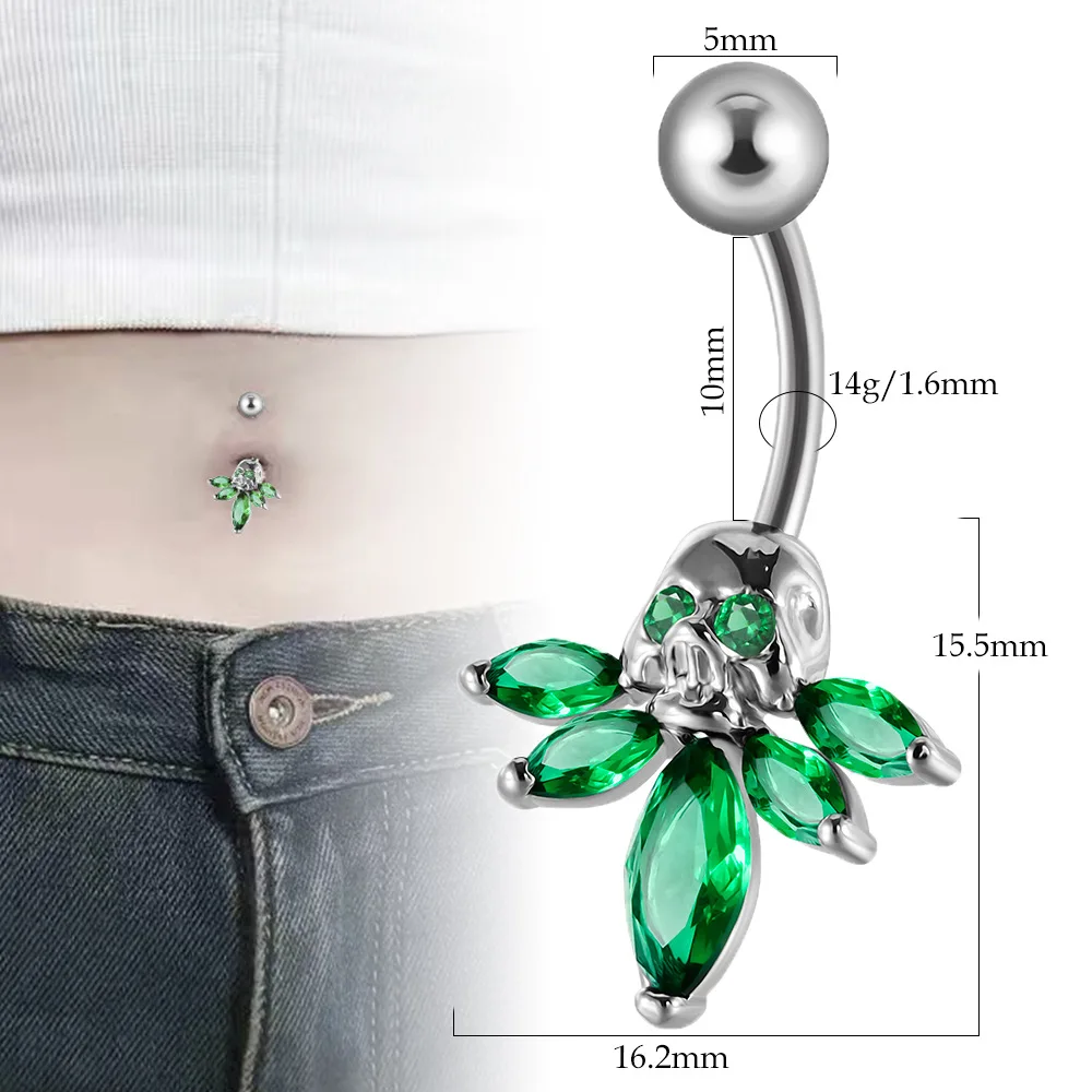 Fashion Red Rose Outer Teeth Belly Rings Stainless Steel Green Zirconium Horse Eye Ghost Head Navel Ring Piercing Jewelry
