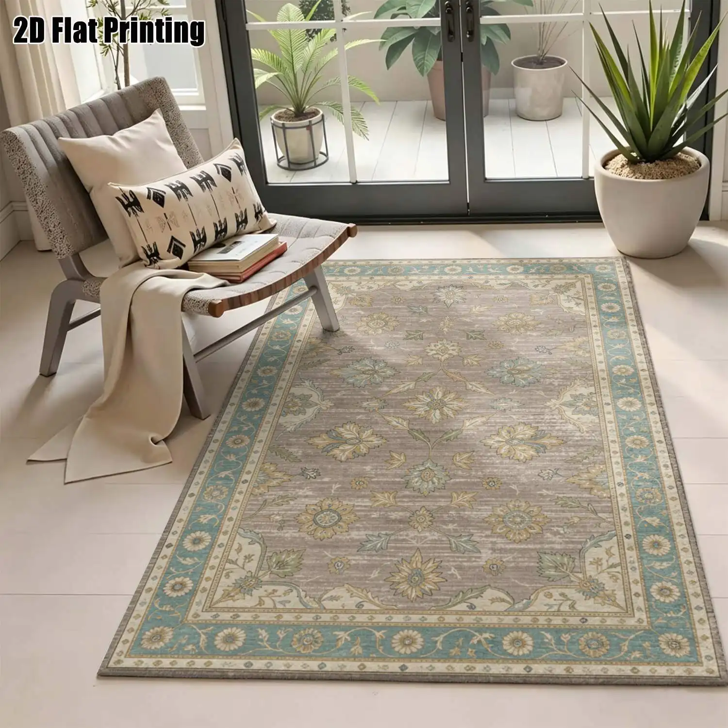1Pc 2D Printed 1Pc Carpets: Grey-Blue Floral, Vintage, Geometric & Bohemian Styles Multi-Size, Machine Washable, Ideal for Home Decor & Multi-Scene Use.
