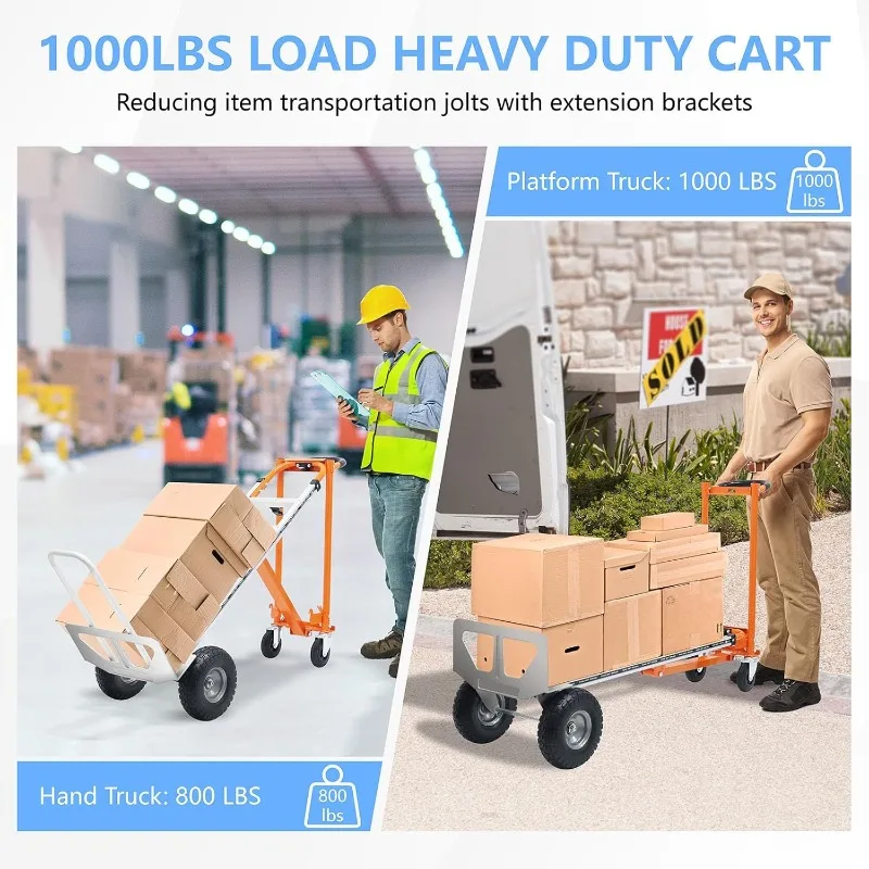 home.4 in 1 Gerobak Dorong Konvertibel, Gerobak Dorong Lipat dengan Roda Padat, Gerobak Dorong Aluminium Berat 1000LBS untuk Barang L