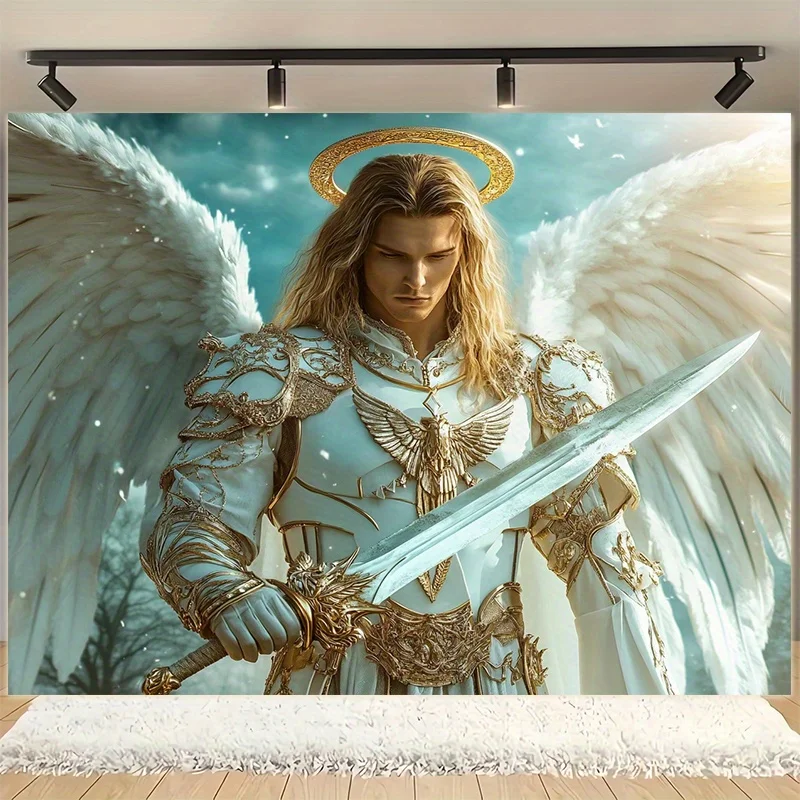 Archangel Warrior Tapestry, Fantasy Angel Wall Hanging, Golden Armor Sword Art Dorm Decor, Mythology Bedroom Blanket for Men