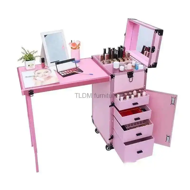 Portable Makeup Artist Nail Tables Foldable Nail Manicure Table Salon Furniture Creative Multi-function Pull Rod Makeup Table A