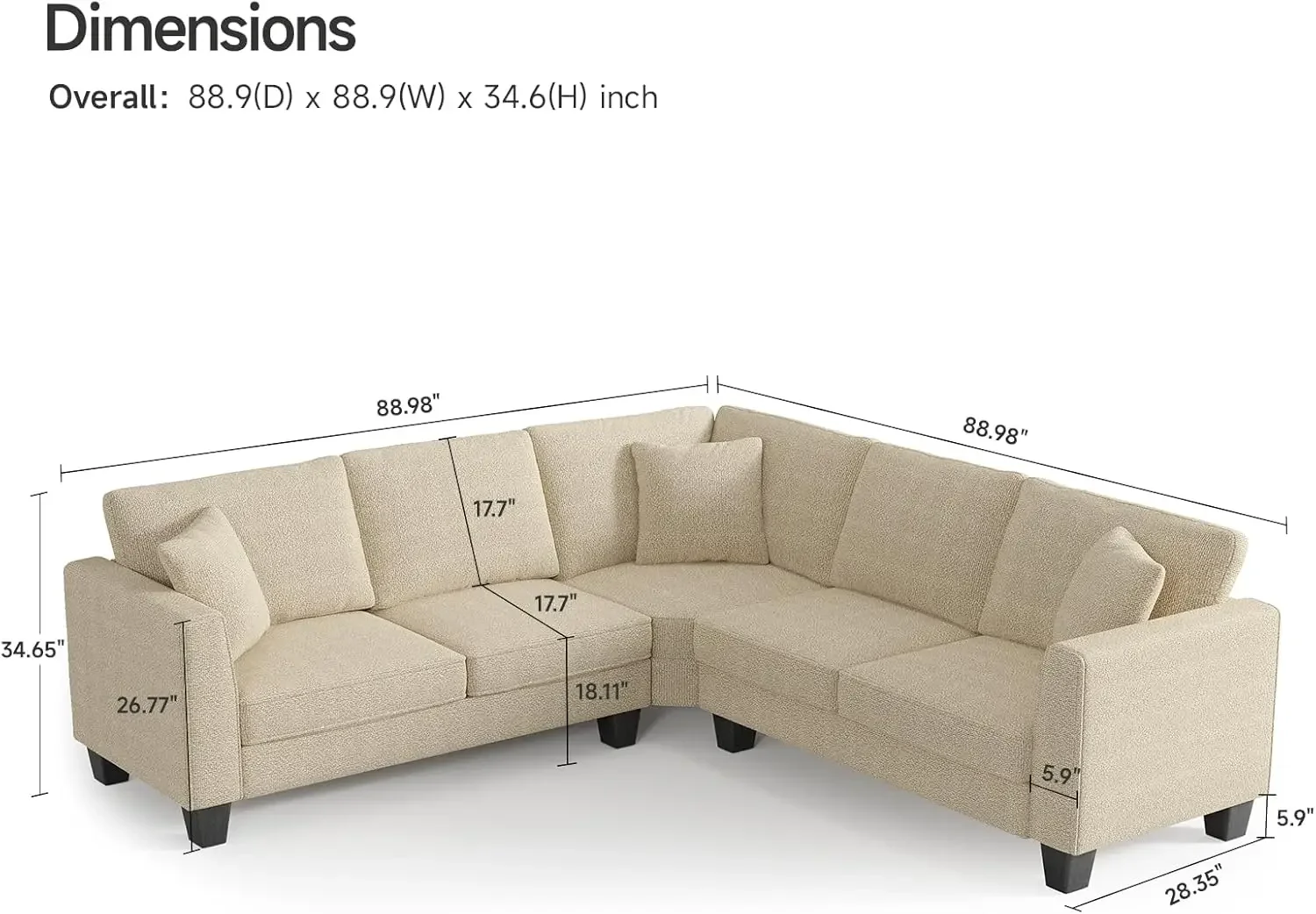 L-shaped sofa with 3 pillows, made of plush fabric, easy to assemble, suitable for living rooms, apartments, beige color