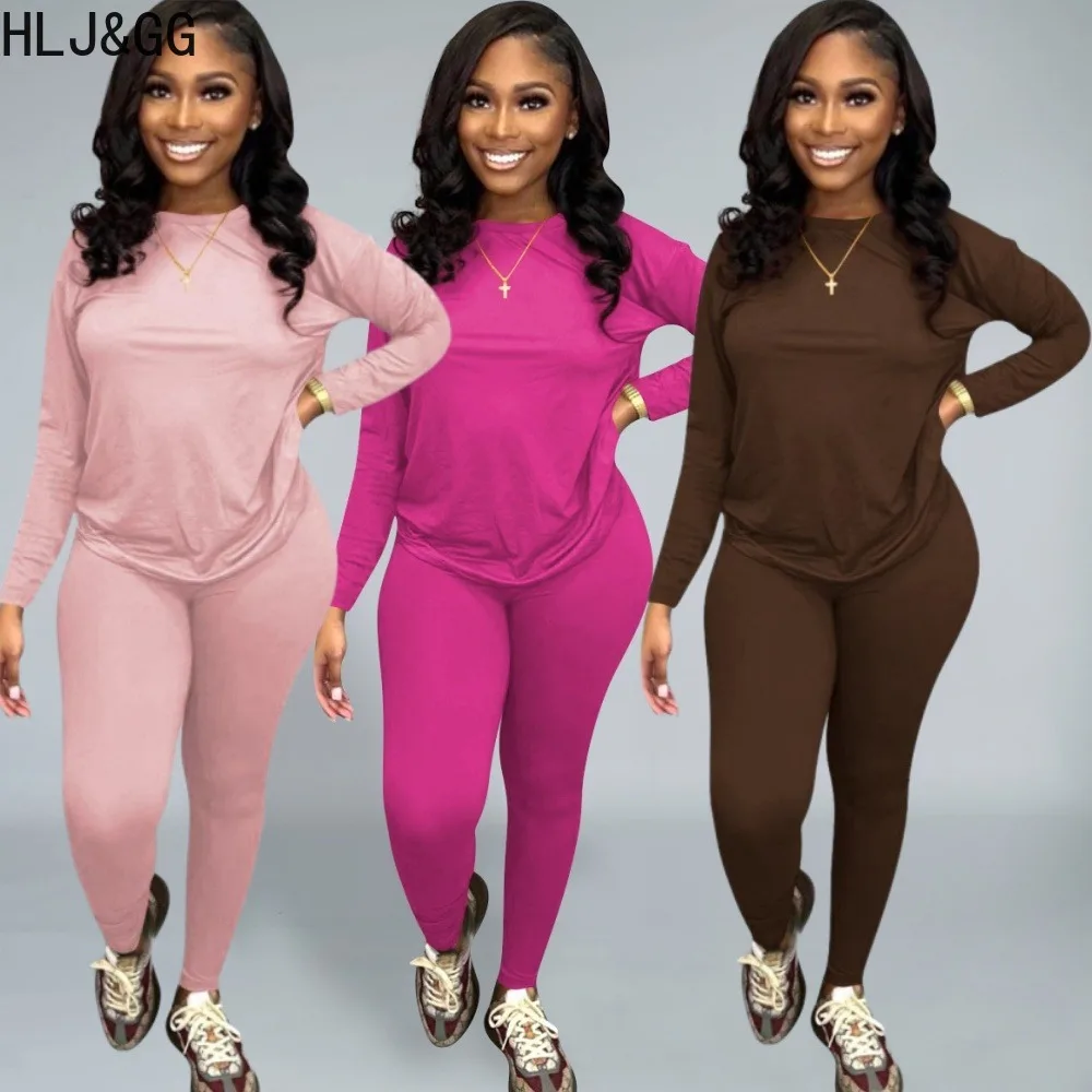 

HLJ&GG Casual Solid Color Home Two Piece Sets Women Round Neck Long Sleeve Top And Skinny Pants Tracksuits Female 2pcs Outfits