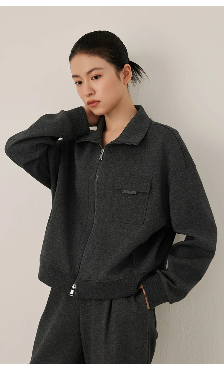 KW7523330 Damen Premium Reißverschluss-Trainingsjacke Langarm-Mischgewebe Herbstmode mit Vordertasche und Akzentbesatz – Detail 9