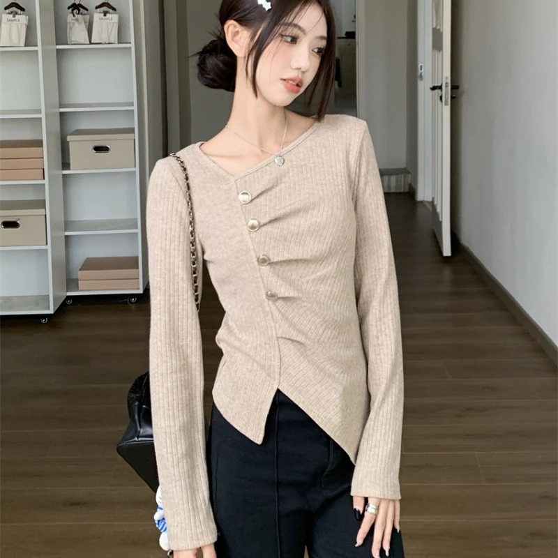 

Skew Collar Long Sleeve T-shirts Women Winter Knitted Pullovers Office Lady Loose Casual Irregular Slim Versatile Tops Female