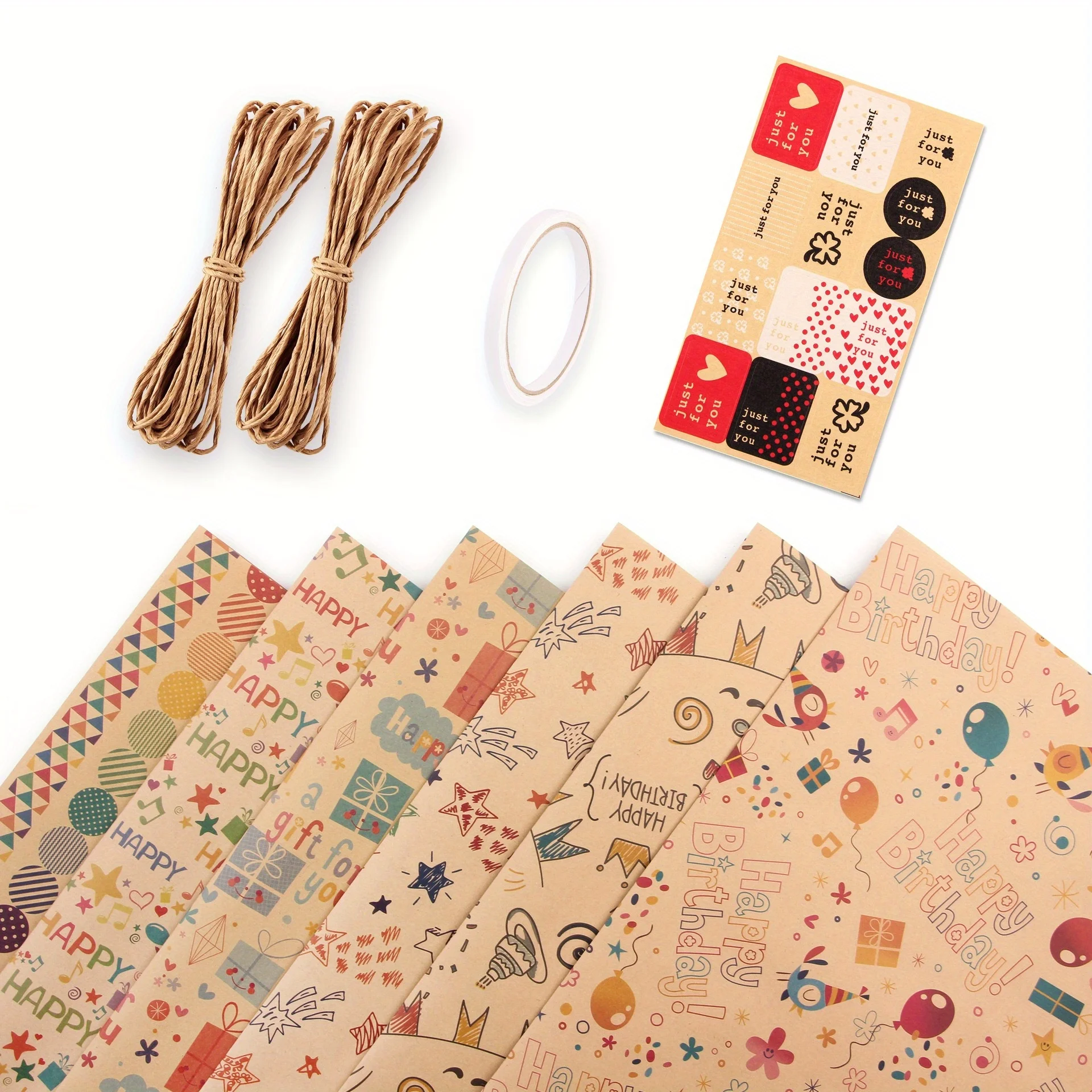 5pcs DIY handmade paper wrapping paper, with twine tape, festive party gift wrapping decoration