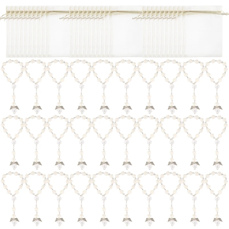 

30 Pcs Baptism Acrylic Rosary Beads Mini Rosaries Angel With Organza Bags For The First Communion Baptism Party Favors